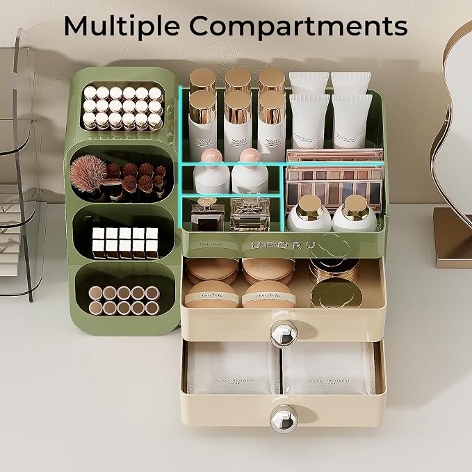 UFORU Makeup Organizer for Vanity with Brush Holder, Large Capacity Bathroom Countertop Skincare Organizer with 2 Drawers, Cosmetic Display Case for Perfumes, Eyeshadow Palettes, Nail Polishes