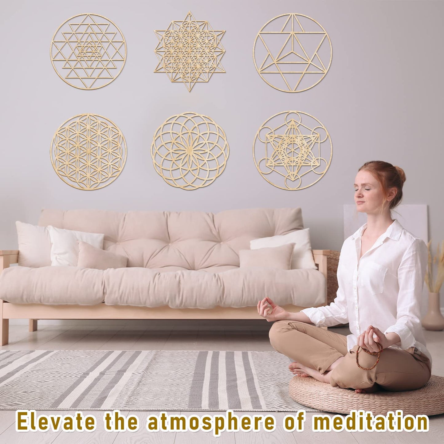 Taiyin 6 Pcs 12 Inch Wooden Sacred Geometry Wall Art Set, Zen Geometric Wall Decor for Home Meditation Room, Inspired Hanging Art with Metatron Cube, Flower of Life, Sri Yantra(Burlywood)
