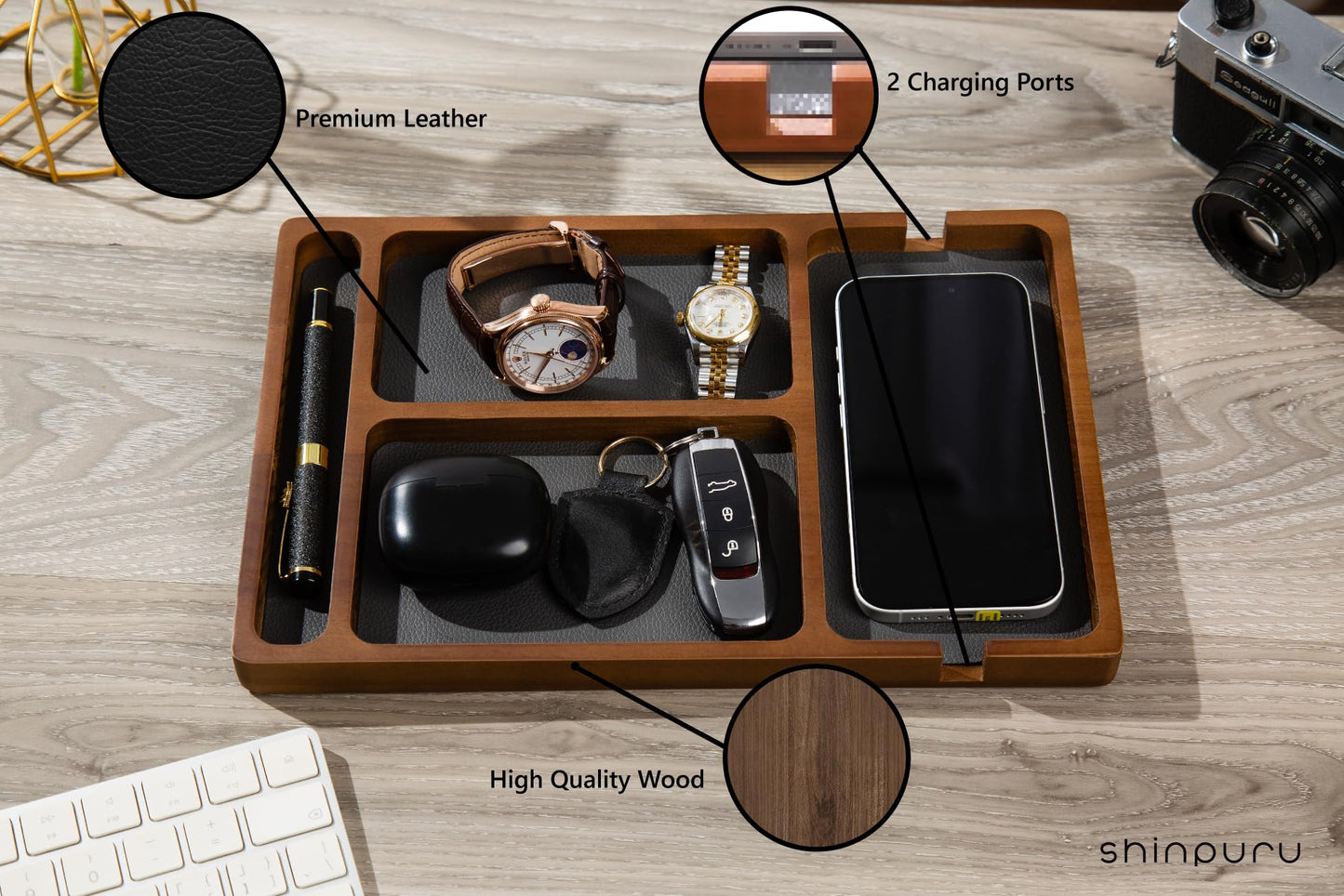Shinpuru Wooden Valet Tray for Men, Nightstand Organizer with Leather Inlay, EDC Essentials Catchall Tray for Keys, Phone, Wallet, Watch, Earbuds - Bedside Desk Entryway Tray (Wood-Pen)