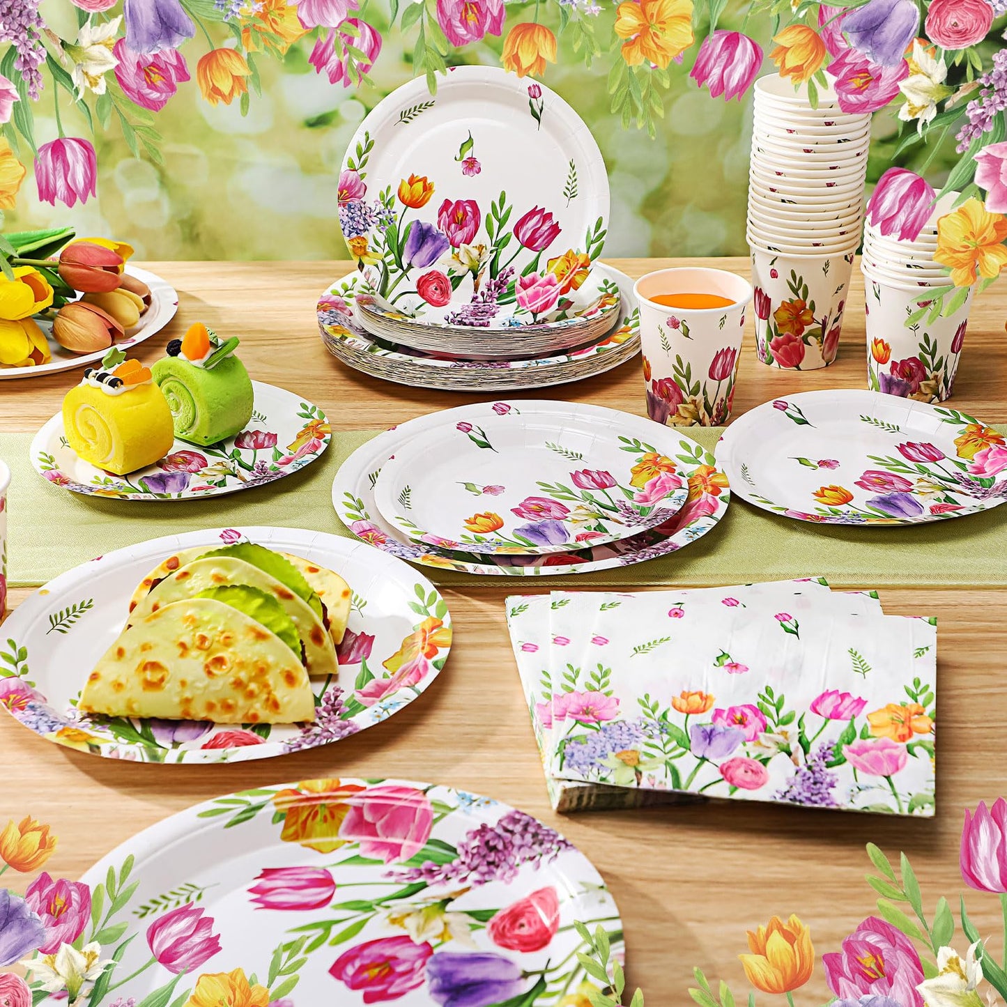 Hsei 250 Pcs Tulip Floral Plates and Napkins Party decorations Disposable Tableware Sets Baby Shower Birthday Party Supplies Serves 50 Guests Dinnerware Baby Bridal Shower Party Favors