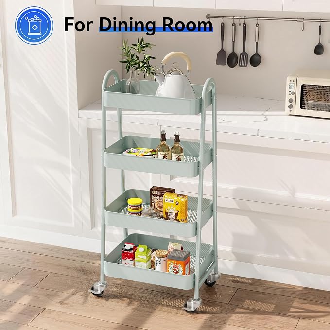 OLIXIS Metal 4 Tiers Utility Rolling Cart, Mobile Storage Shelf with Lockable Caster Wheels, Organization for Livingroom, Bathroom, Kitchen, & Narrow Places, 4-Tier Green