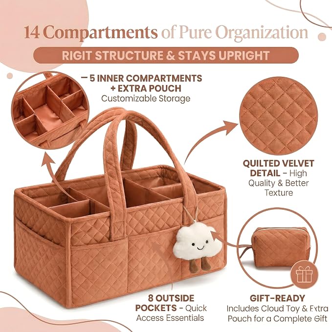 PeraBella Baby Diaper Caddy Organizer, Baby Basket Shower Gift, Portable Changing Table Basket, Postpartum Caddy & Tote Bag Pouch, Newborn Boy & Girl Nursery Essentials Registry, Car Diaper Organizer