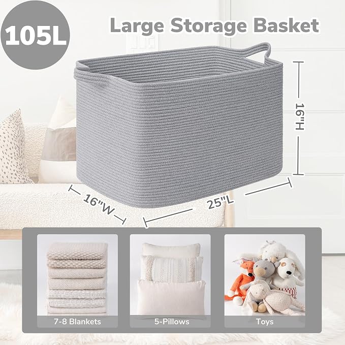 Goodpick 105L Extra Large Blanket Basket 25" x 16" x 16" Cotton Rope Storage Bins for Dirty Clothes, Rectangle Woven Laundry Basket for Living Room Bedroom, Toy Storage Baskets for Kids, Gray