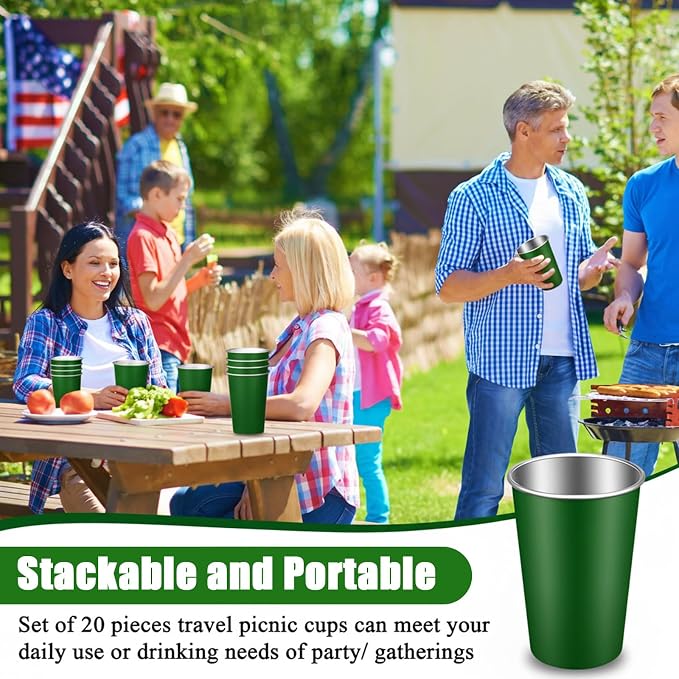 Mimorou 20 Pack 16 oz Stainless Steel Pint Cups Metal Cups Unbreakable Drinking Water Tumblers Stackable Tumbler for Adults Bar Home Restaurant Travel Picnic Camping Outdoor (Bright Green)