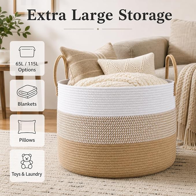 JMvicyroam 115L Extra Large Blanket Basket for Living Room - Woven Cotton Rope Laundry Hamper with Reinforced Handles - Storage Bin for Pillows, Comforters & Toys - Machine Washable,White&Jute Mix