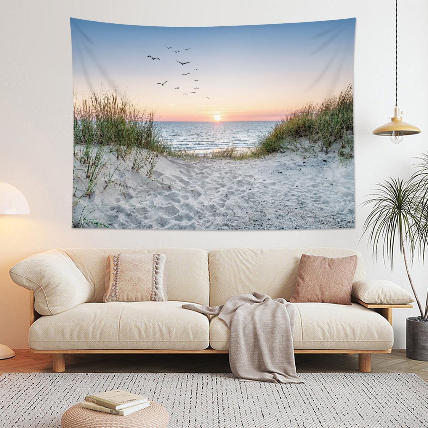HVEST Ocean Beach Tapestry Wall Hanging, Sunset Seabird and Beach with Grass Wall Tapestry Natural Landscape Tapestries for Bedroom Living Room Dorm Decoration, 60x40 Inches