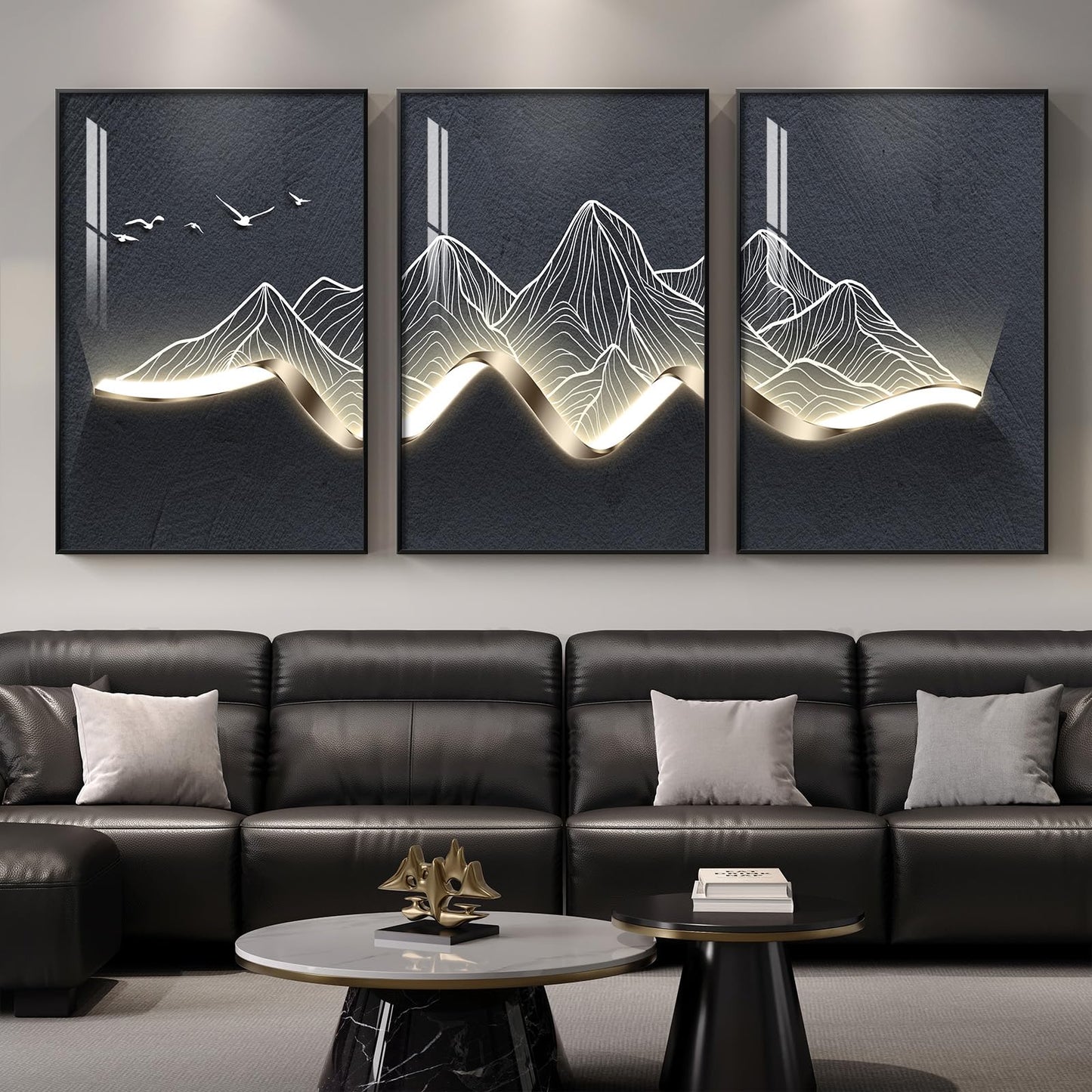Large Framed Modern Abstract Mountain Wall Art for Living Room, 3 Piece Contemporary Minimalist Prints Paintings, Elegant Luxury Pictures for Entryway, Bedroom, Home Office Wall Decor 24x36 In