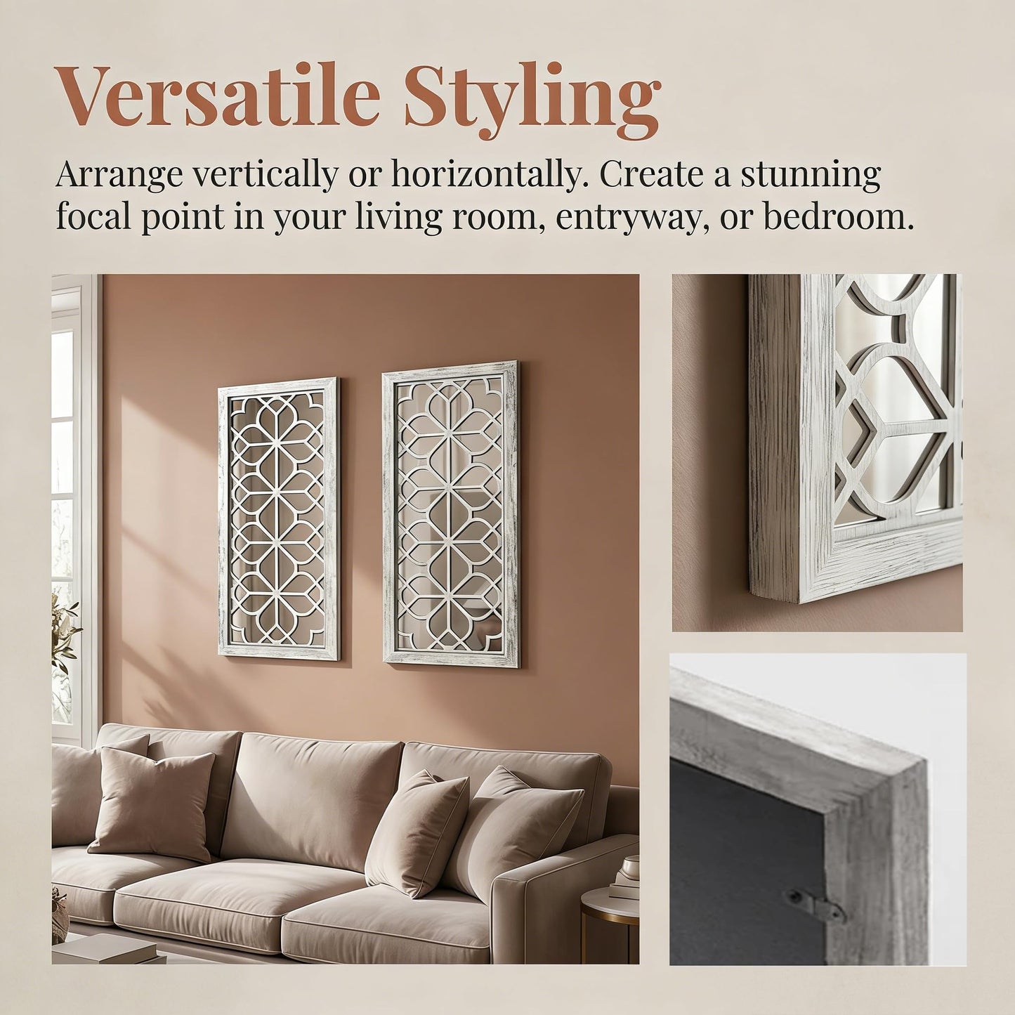 HMANGE Set of 2 13x30 Inch Large Grey Shatterproof Carved Floral Wood Frame Wall Mirrors, Boho Farmhouse Rustic Accent Mirrors for Living Room Bedroom Bathroom & Home Decor
