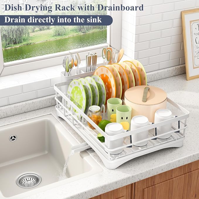 SAYZH Dish Drying Rack - Stainless Steel Dish Rack for Kitchen Counter, Large-Capacity Dish Drainer with Cutlery Holder, Kitchen Organizer for Dishes, Spoons and Forks, White