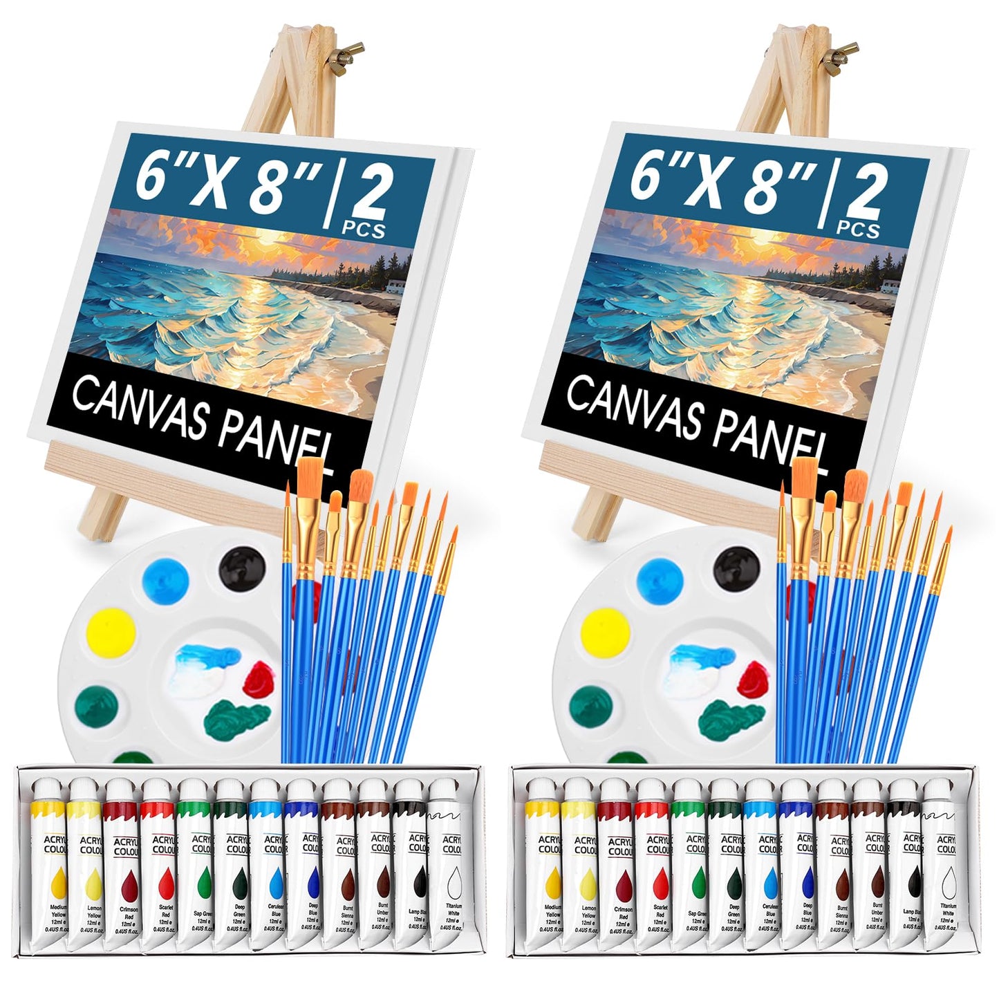 ESRICH 52PCS Acrylic Paint Canvas Set, Acrylic Painting Kit with 2 Set of 12 Colors Acrylics Paint,Paint Brushes,Canvas, Wooden Easels, Art Plates, Art Painting Supplies for Kids Adults Beginners