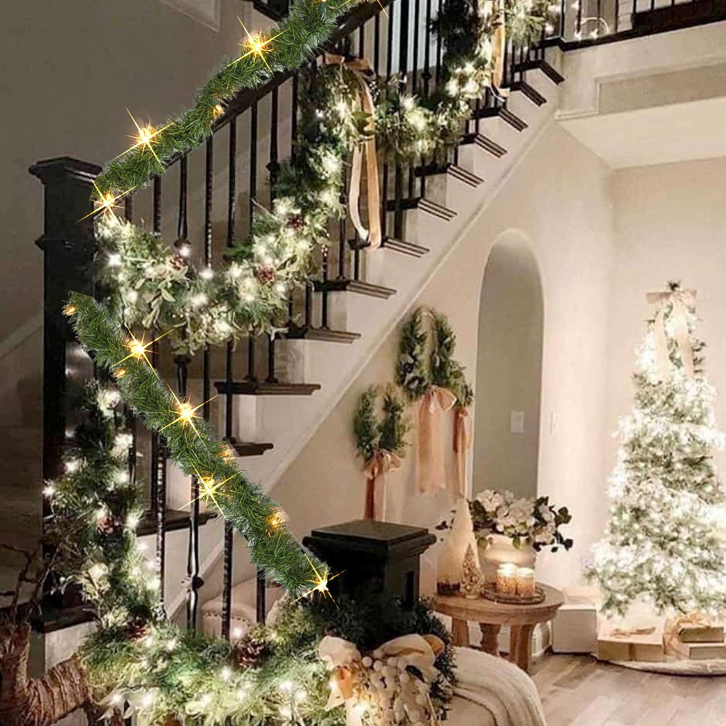 Nerosun 14.8 FT Artificial Christmas Garland, 50 Pre-Lit LED Mini String Lights Battery Operated Xmas Garland for Home Stair Railing Indoor Wedding Party Christmas Ornament Decorations (Warm White)