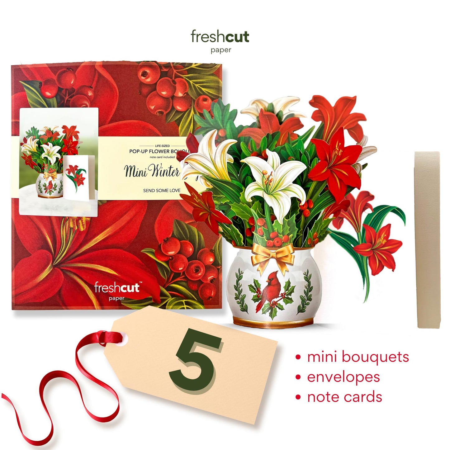 Freshcut Paper Pop Up Cards, Mini Winter Joy, 6 inch Mini Sized Paper Flower Bouquet 3D Popup Greeting Cards, Christmas Card, Holiday Card, Blank Notecards & Envelopes, Pack of 5