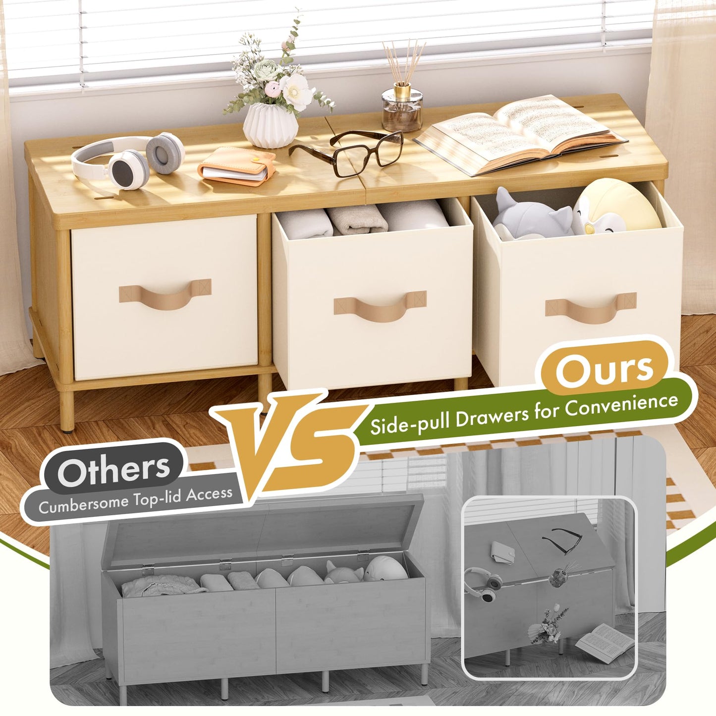 Atoping Storage Bench, 43.3" Bamboo Storage Chest with 3 Drawers, Entryway Bench with Cushioned Seat, End of Bed Bench with Storage Toy Box, Toy Chest Storage Bench for Entryway, Living Room, Bedroom