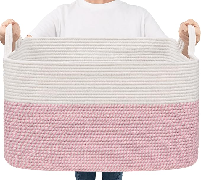 Goodpick Large Woven Blanket Basket 21.6" x 14.9" x 11.8" Storage Baskets for Organizing, Baby Laundry Hamper for Nursery Bedroom, Soft Toy Storage Baskets for Kids Girls, White & Pink
