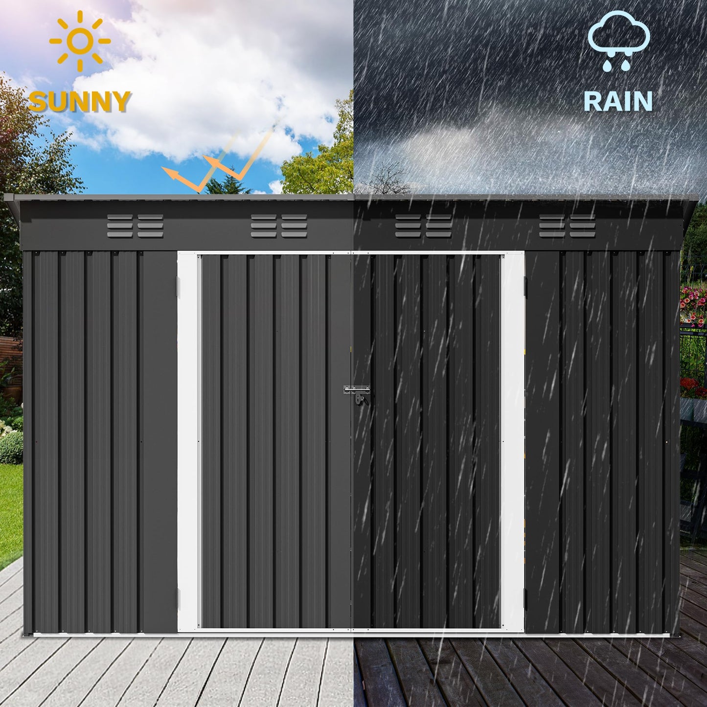 DWVO 9x4ft Large Tool Storage Shed with Window, Lockable Doors, and Sloped Roof, Oversized Steel Outdoor Storage Shed for Garden, Patio, Garage, Backyard, Lawn - Dark Gray