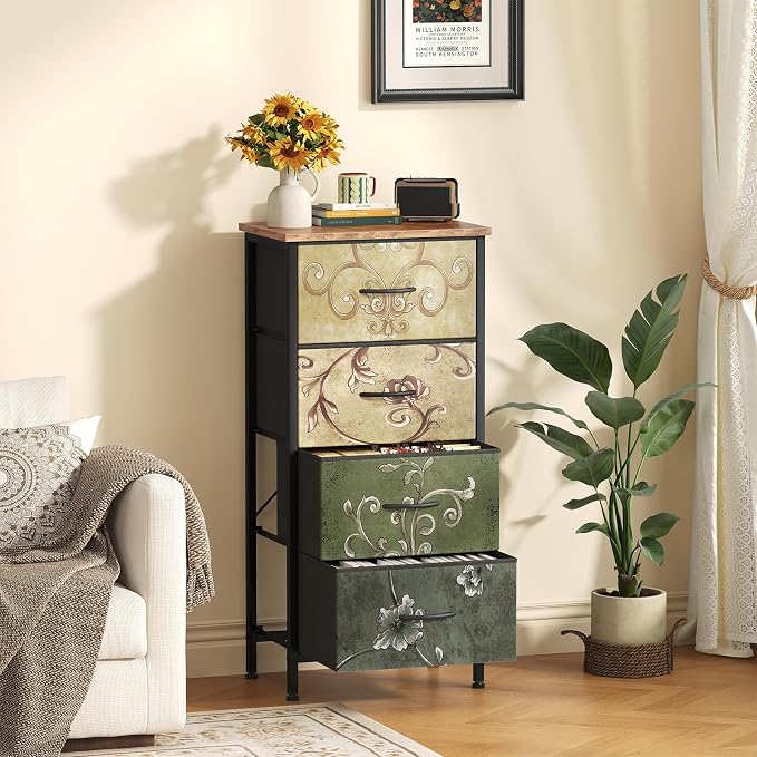 Sweetcrispy 4 Drawer Fabric Dresser Storage Tower Nightstand Chest | Small bedroom dresser and nightstand with sturdy frame,Perfect for closet,entryway,dorm,Easy assembly,Floral Painted