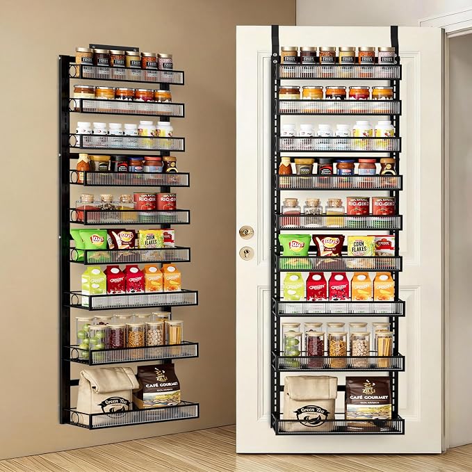 Over the Door Pantry Organizer 9 Tier Hanging Door or Wall Mounted Spice Rack with Adjustable Acylic Basket,Heavy Duty Metal Seasoning Storage Shelf for Kitchen Pantry and Bathroom Black