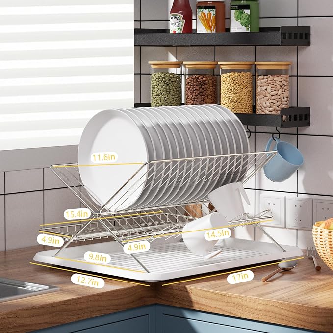 Collapsible Cup Drying Rack, Space Saving Foldable Stainless Steel(304) Mug Holder for Kitchen Counter,Compact 5-Glass Cup Rack Metal 3-Tier Large Capacity