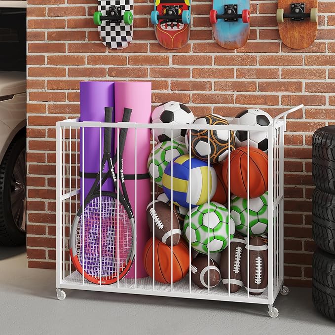 Ball Storage Bin Rolling Sports Ball Cart, Metal Garage Organizer Sport Rack, Ball Basket Storage, Ball Cage for Garage or Gym, Indoor & Outdoor Sports Equipment Organizer
