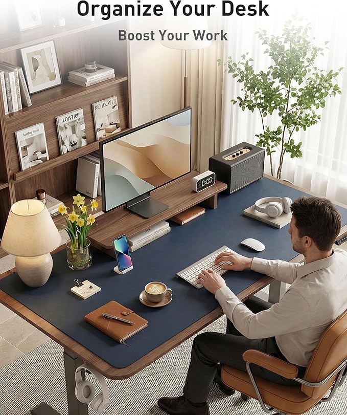 Aothia Faux Leather Desk Mat - Large Mouse Pad, Non-Slip PU Leather Blotter, Waterproof Writing Surface for Office and Home (Dark Blue, 42" x 17")
