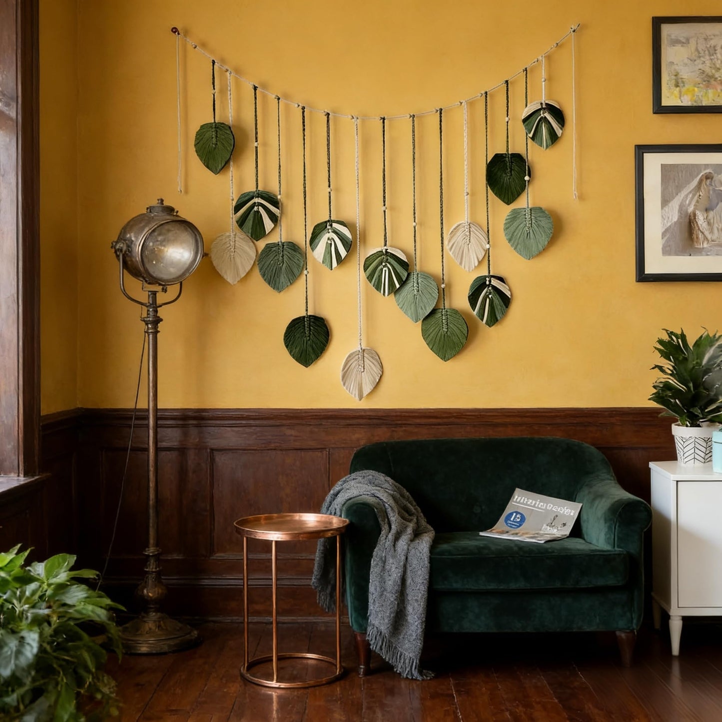 M MANUAL Macrame Leaves Wall Hanging 47.3x29.5Inch Large Chic Feather Boho Macrame Wall Decor Leaf Hanging Photo Display Handmade Woven Wall Art 16pcs Leaf Tapestry - Green