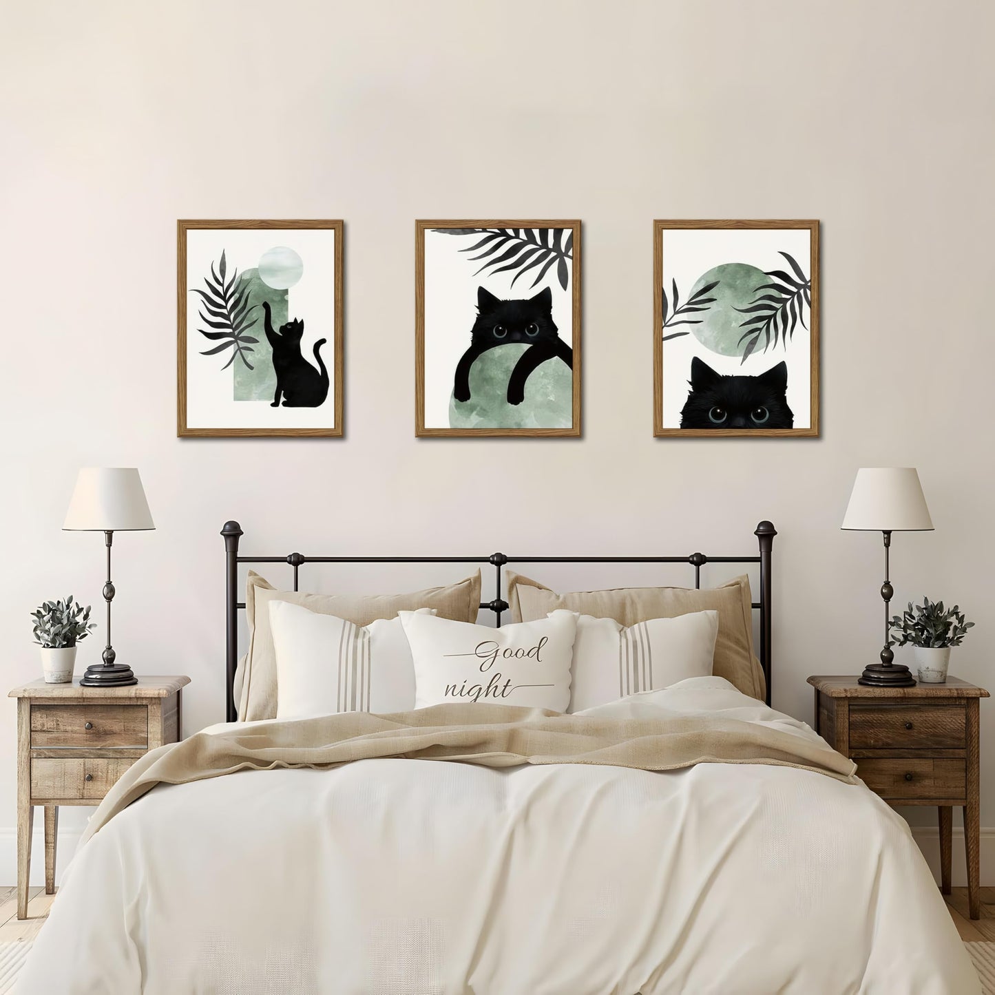 Framed Sage Green Cat Wall Art Set of 3, Natural OAK Wood Frame Boho Cute Black Cat Wall Decor Paintings, Minimalist Animal Aesthetic Canvas Posters Prints for Living Room Bedroom Bathroom 12x16In