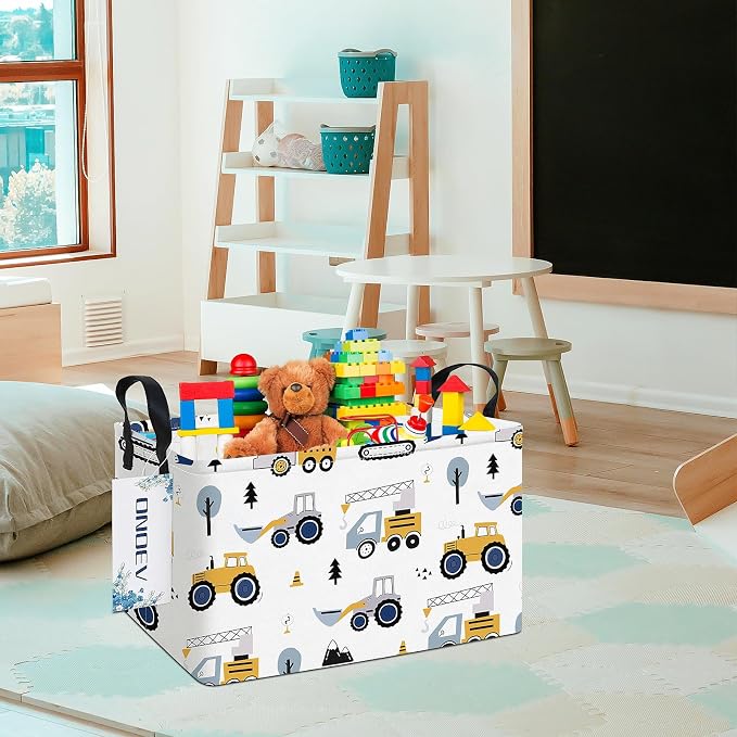Rectangular Construction Vehicle Storage Basket for Boys,Collapsible Fabric Toy Storage Bin with Handles,Cute Excavator Tractor Truck Organizer for Kids Room,Nursery,Playroom,Closet (Excavator)