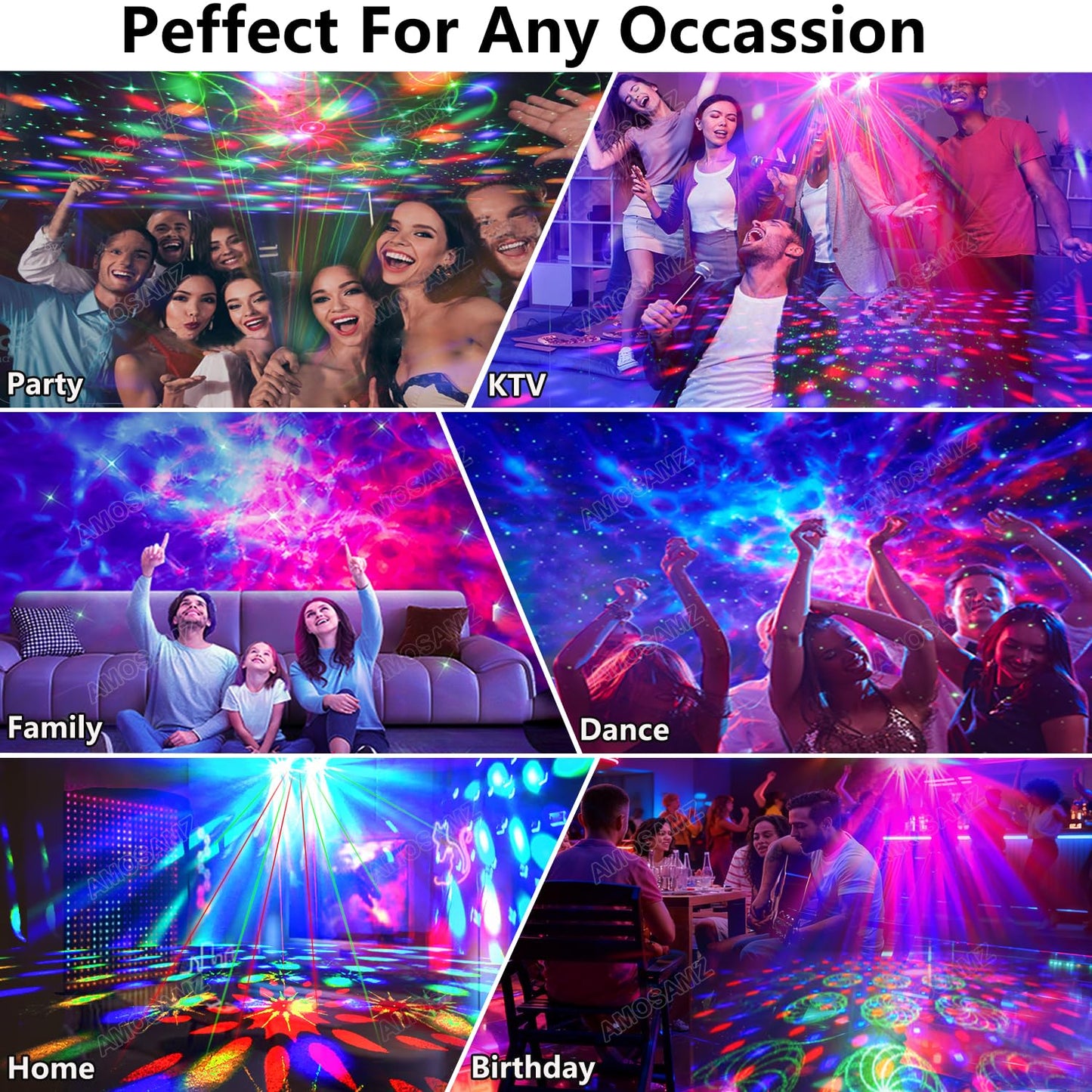 Disco Ball Party Lights,Pro 6 in 1 Disco Lights Sound Activated Dj Strobe with RGB&OGB Disco Balls,Laser Light Show,Ocean Lamp,Star Projector,2 RGB LEDs-Perfect for Disco Glow Party Rave Dance