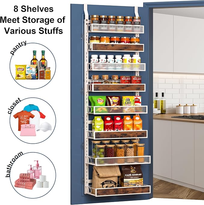 8 Tier Pantry Door Organizer Spice Rack, 2-IN-1 Wall Mount or Hanging Over Door Seasoning Organizer with Adjustable Baskets, Heavy Duty Behind Door Storage Shelves for Pantry, Cabinet and Kitchen