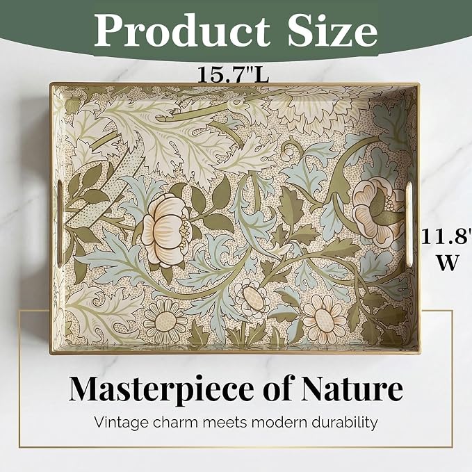 William Morris-Style Serving Tray with Handles - 15.7" x 11.8" Floral Pattern Decorative Platter for Coffee Table, Ottoman & Breakfast in Bed - Sturdy Plastic Rectangular Tray