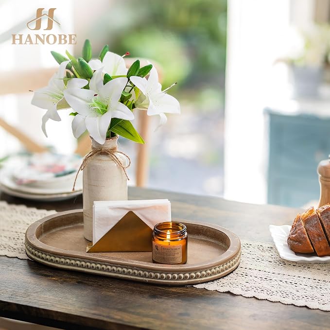 Hanobe Decorative Trays for Coffee Table : Vintage Oval Centerpiece Tray Wood for Farmhouse Dining Table Decor Round Bathroom Tray for Living Room Kitchen Counter