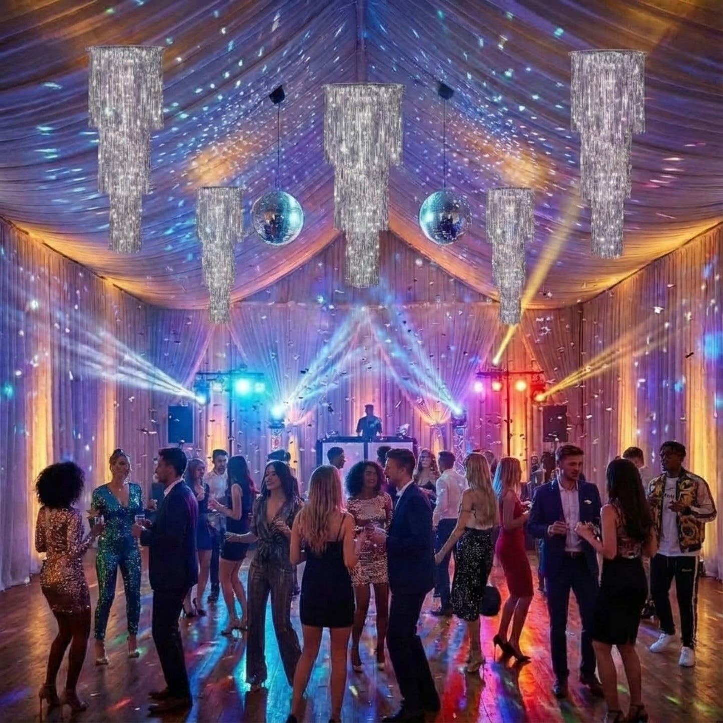 2 Pcs 3 Tier Metallic Tinsel Chandelier Shimmering Fringe Chandelier Decor Hanging Decoration Photo Booth Backdrop for Birthday Anniversary Wedding Party Supplies, 4 Ft(Silver)