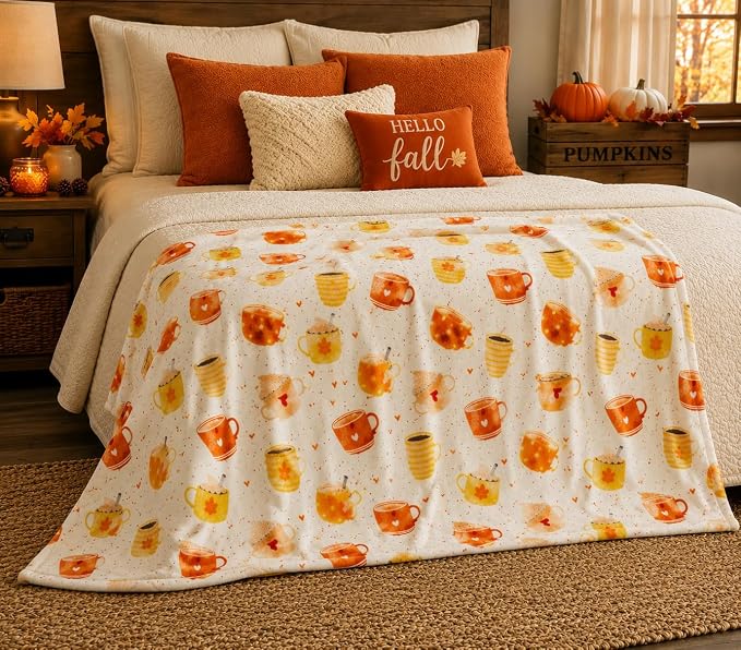 Serafina Home Fall Fleece Throw Blanket: Velvety Soft Pumpkin Spice Cozy Wrap Accent for Sofa Couch Chair Bed Dorm, 50" x 70"