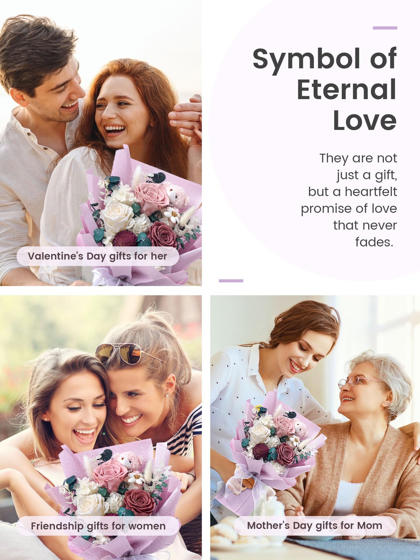 Polylove Forever Flower Bouquet Flowers for Delivery Prime Preserved Roses with Bear Gift Box for Wife Women Mother Day Anniversary Birthday (Purple)