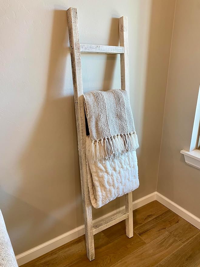BARNWOODUSA Rustic Farmhouse Decorative Ladder - Our 47 inch Ladder can be Mounted Horizontally or Vertically and is Crafted from Refurbished Wood No Assembly Required White