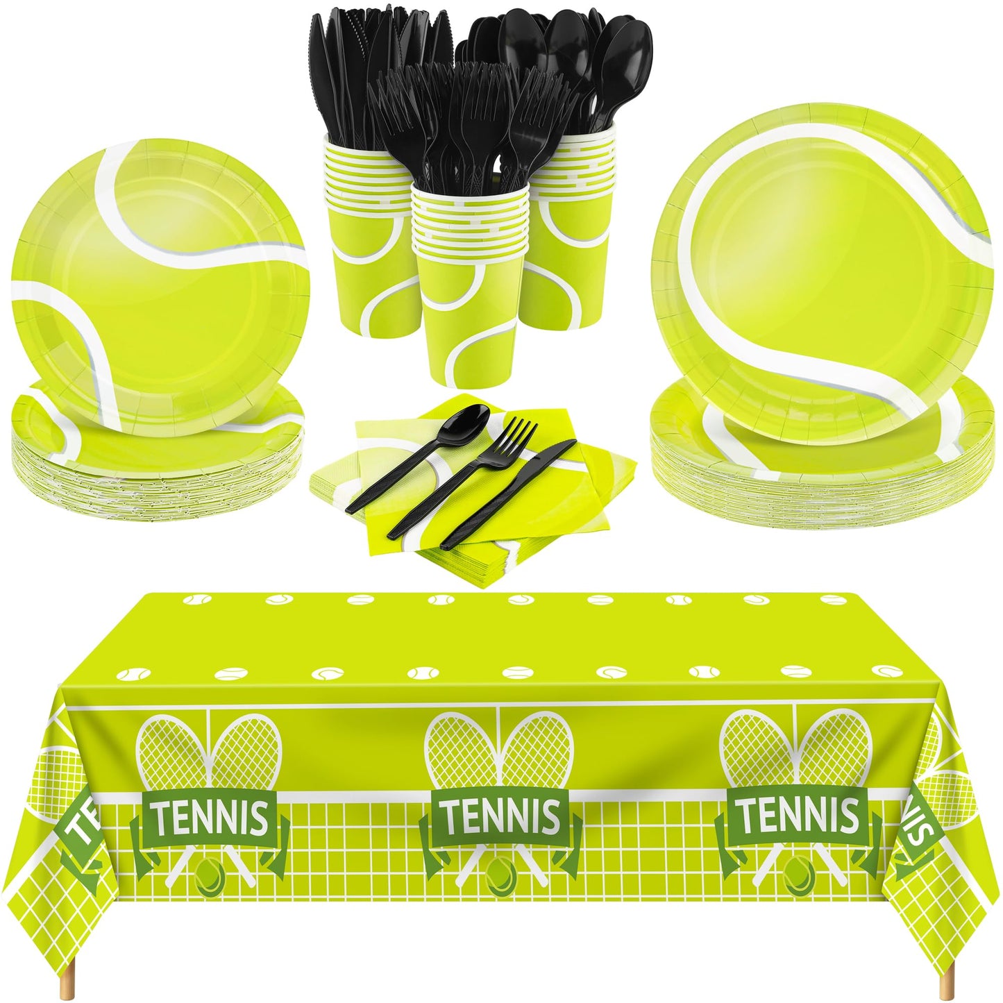 Kochorie 169 Pieces Tennis Party Supplies Disposable Tableware Set Includes Paper Plates Napkins Cups Plastic Tablecloth Knives Forks Spoons for Tennis Sports Theme Birthday Decor, Serve 24