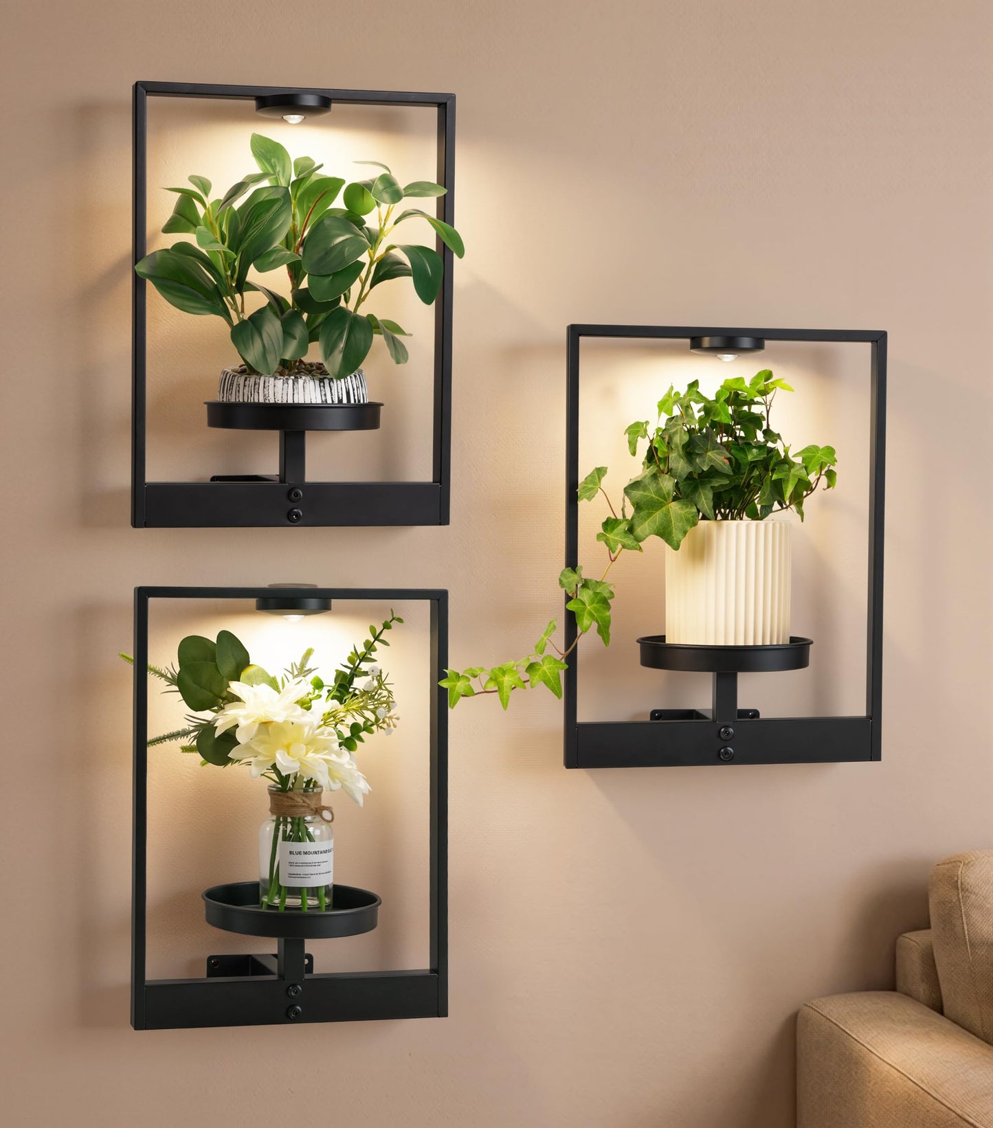FancyPlus 3 Pack Plant Stand with Lights Hanging Planters for Indoor Plants,Picture Frame Wall Plant Holder Metal Modern Style Floating Plant Rack for Living Room Window Balcony Garden Patio Bedroom Entryway