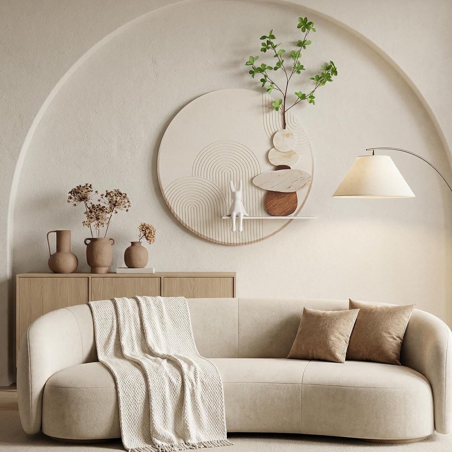 3D Textured Abstract Wall Art Decor,Boho Neutral Beige and Brown Modern Minimalist Artwork with Vase for Walls,Large Round Sandstone Geometric Painting for Living Room, Bedroom, Office, Hallway, 24x24
