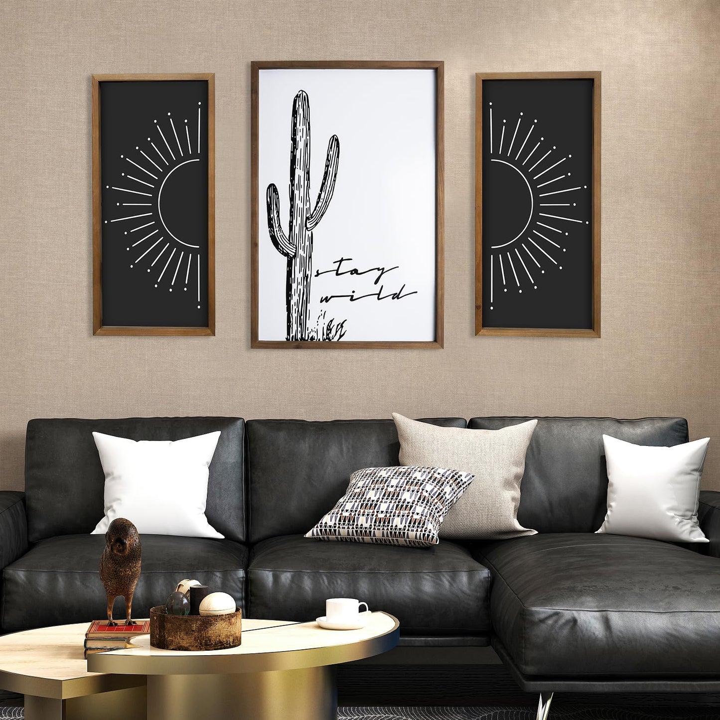 flangairy Cactus Wall Art, Wood Western Wall Decor, Black White Boho Southwestern Aztec Desert Artwork Framed, Living Room Neutral Southwest Home Decorations