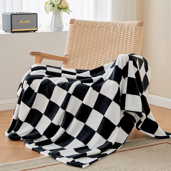 BEDELITE Checkered Throw Blanket for Couch, Soft & Cozy Fleece Flannel Blanket with Checkerboard Grid Home Decor, Checkered Black, 50x60 Inches