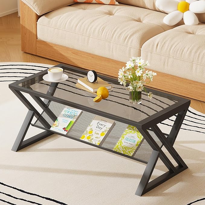 Wolawu Glass Coffee Table Living Room Table with Storage Shelf, Grey Glass Table Simple Modern Rectangular Tables with Sturdy Black Metal Frame,Industrial Glass Coffee Table for Bedroom Home Office