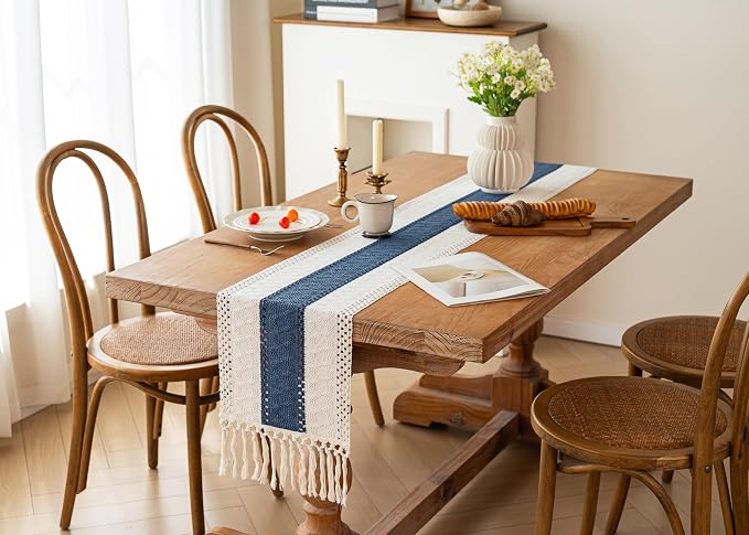 FEXIA Boho Blue Table Runner 60 Inches Long with Tassels Macrame Farmhouse Summer Style Graduation Party Rustic Wedding Baby Shower Dining Kitchen Living Room Decor (12x60 Inches)