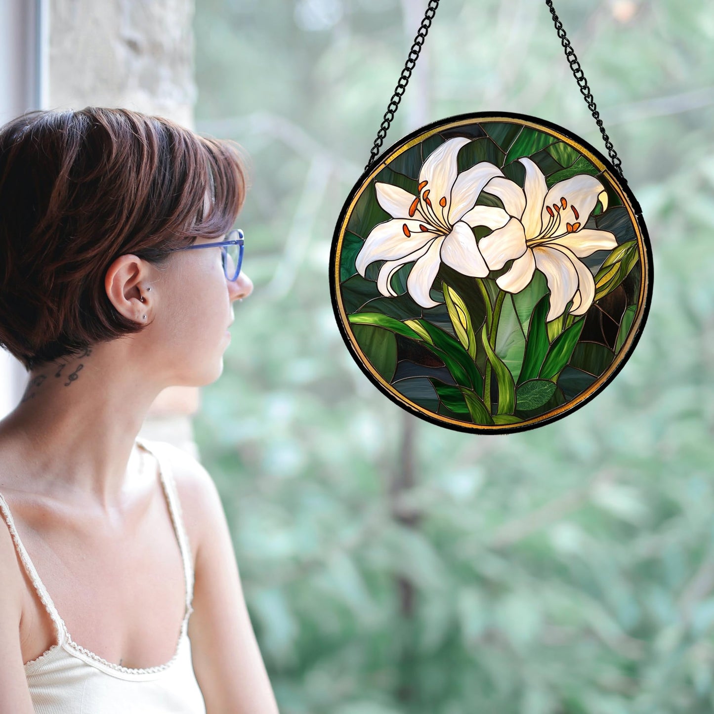 CRISGIF Stained Glass Window Hanging, White Lily Suncatcher for Door Garden Patio Birth Flower Green Plant Sun Catchers Decor Christmas Mother's Day Birthday Gifts for Women Mom Nana Friend 9.8 in
