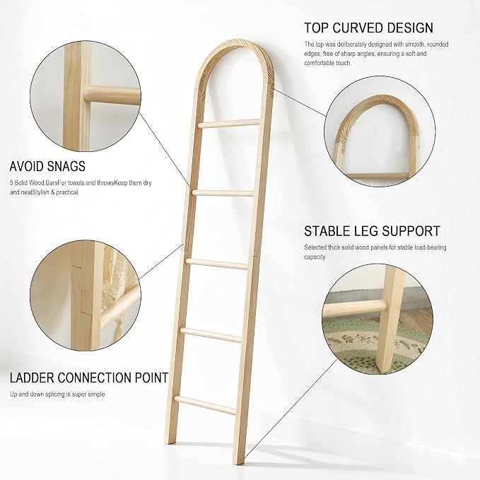 Wooden Blanket Ladder - Natural & Motley Wood - Leaning Wall Decor for Bedroom, Bathroom, Living Room - Rustic Quilt Holder & Towel Rack (Light Wood Color-Curved, 76in（5-Tier）)