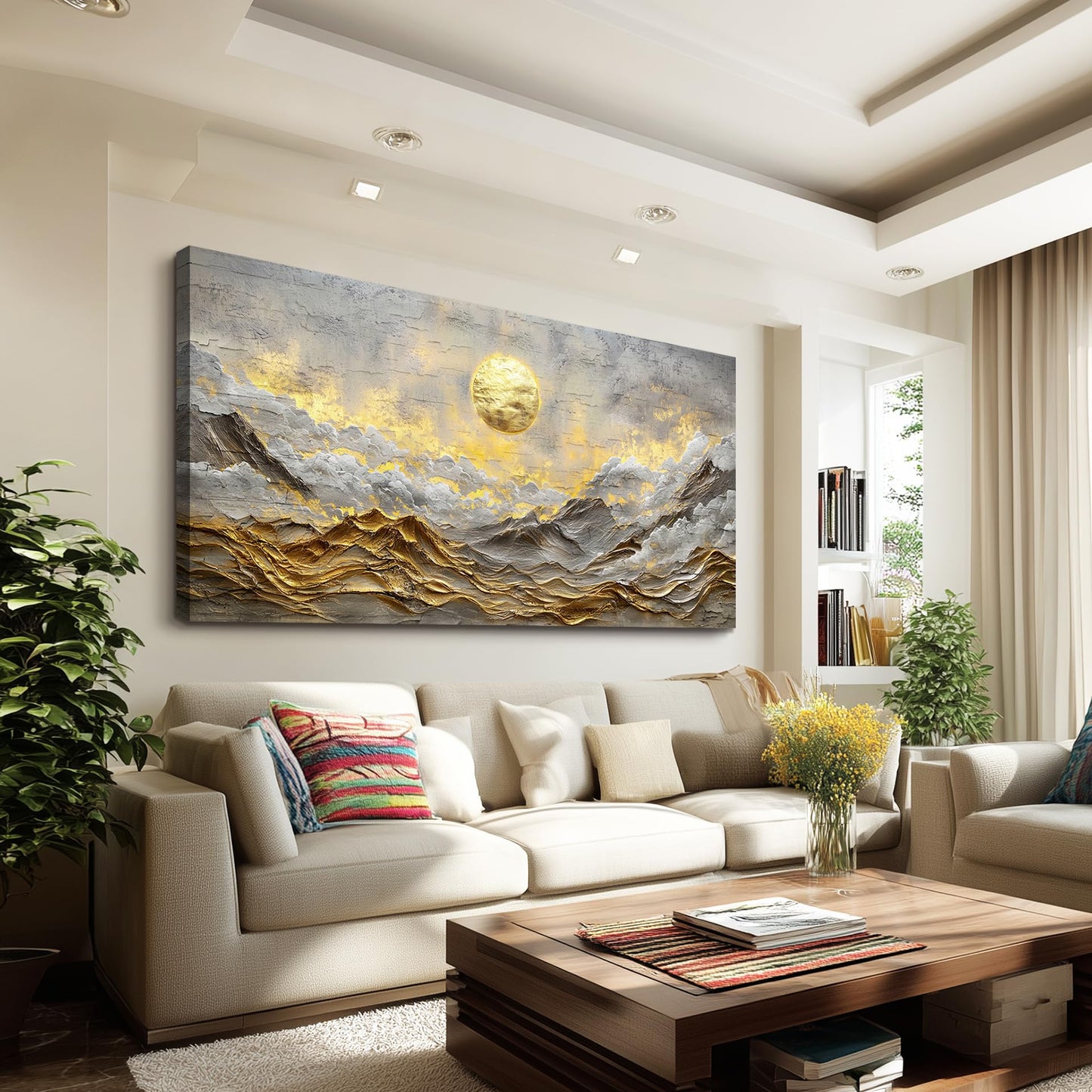 ZUITINGHUA Canvas Wall Art For Living Room Wall Decor For Bedroom Office Wall Decoration Golden Moon Landscape Painting Mountain Pictures Artwork Room Aesthetic Home Decor 20x40 In