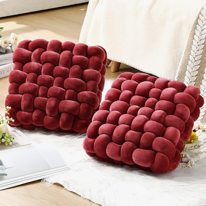 Wenqik 2 Pcs Knot Pillows Square Knotted Plush Throws Soft Accent Pillows Decoration Cushion for Couch Home Office Living Room Bedroom Bed Sofa Decor, 12'' x 13''(Burgundy,Crystal Velvet)