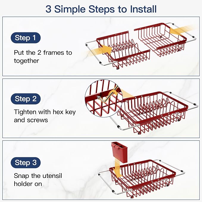 JASIWAY Red Expandable Stainless Steel Dish Drying Rack Over The Sink for Small Kitchen, Counter Space Saving Compact Plate Drainer Strainer, Adjustable Hanging Metal Dish Dryer with Utensil Holder