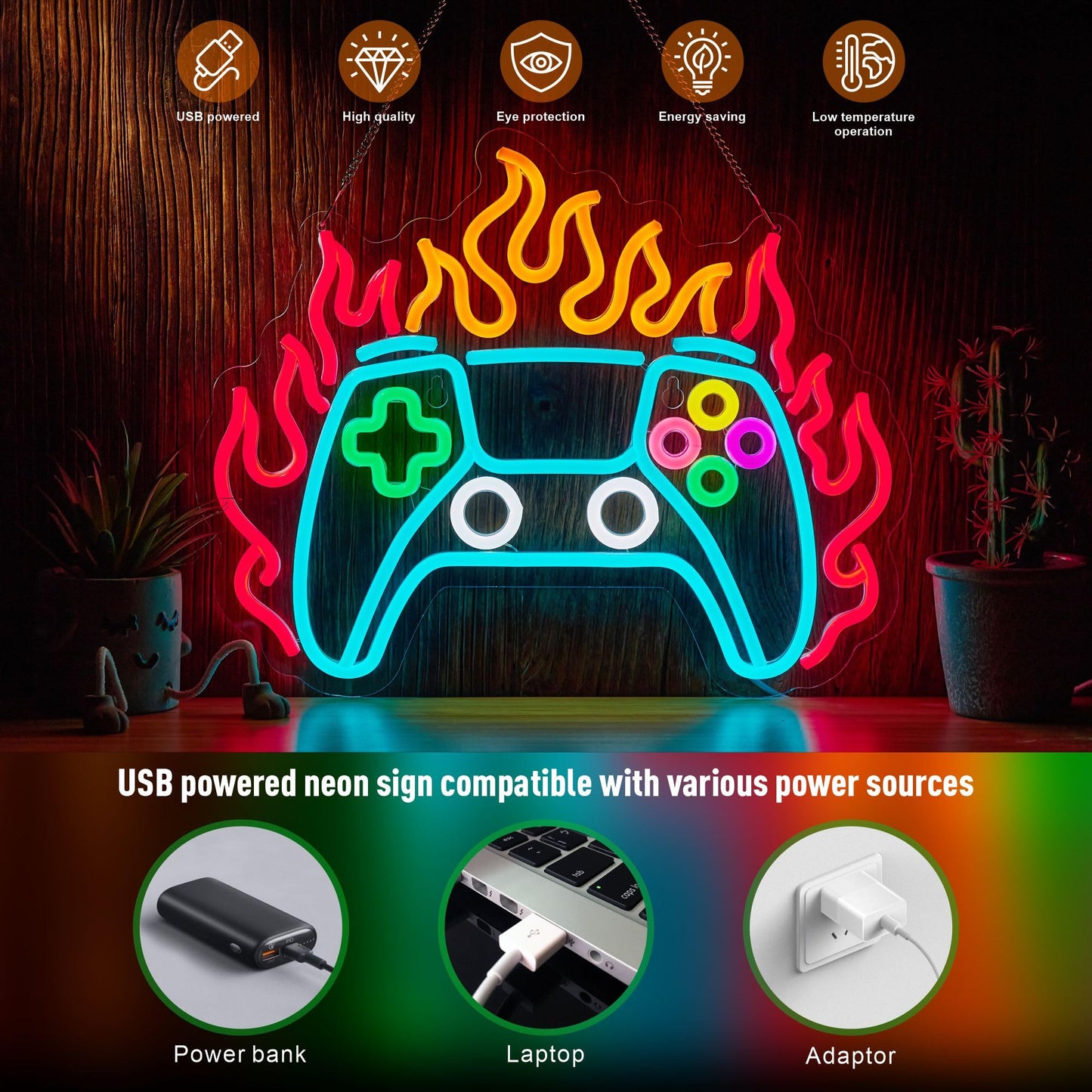 Gamer Neon Sign, Gamepad LED Sign, Flaming Game Controller LED Light for Gamer Room Decor, Neon Gaming Signs for Wall Decor Gifts for Teens Boys Kids