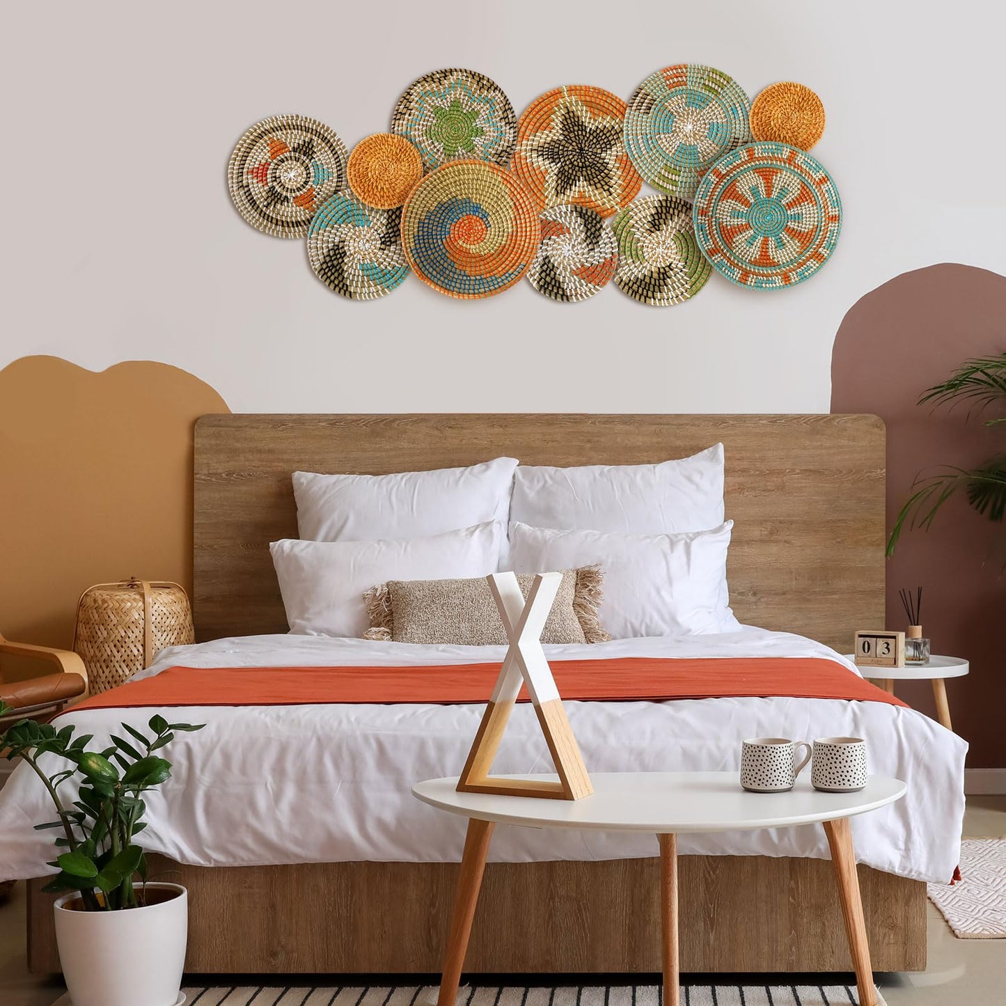 Tatuo 11 Pcs Boho Wall Basket Decor Bulrush Woven Wall Hanging Art Round Farmhouse Rustic Handmade Wicker for Summer Home, Bedroom, Living Room, Kitchen Decorations, Multi Sizes(Farmhouse)