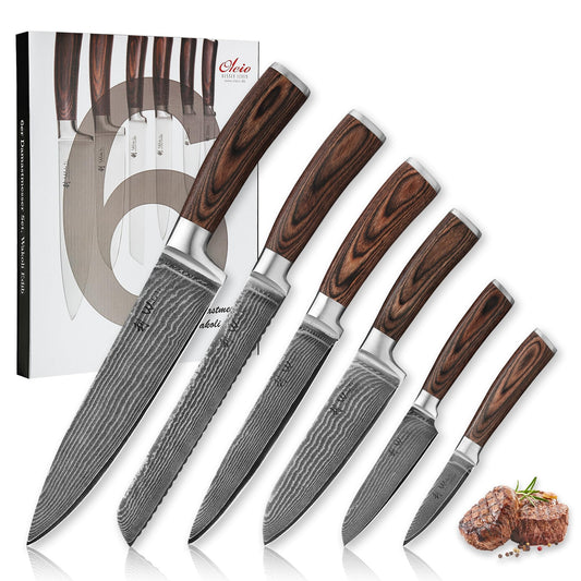 Wakoli EDIB 6-Piece Damascus Knife Set – Professional Chef Knives Set with VG10 Core Blades, 67-Layer Damascus Steel and Ergonomic Pakkawood Handles – Premium Kitchen Knives in Elegant Gift Box
